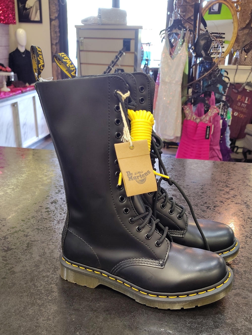 Dr. Martens Black Lace-Up Combat Boots with Yellow Accents